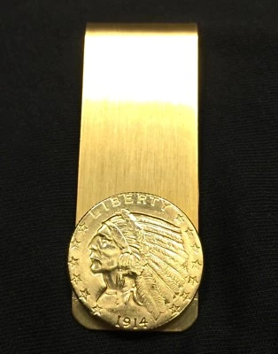 1908-1929 Gold Brass Indian Head $5 Half Eagle Coin Money Clip w/ Gift Box! - Image 1 of 4