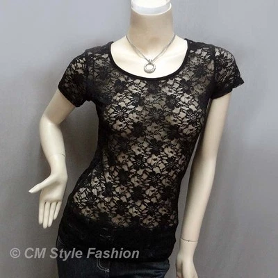 Blusa Top Sexy Floral de Encaje Transparente Negra XS Foto 1 de 4