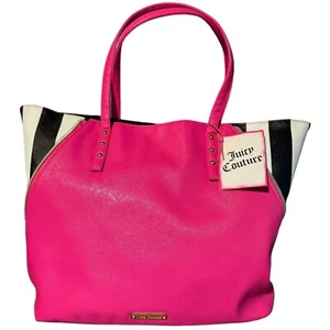 Juicy Couture Women's Pink Black White Stripe Shoulder Tote Bag Faux Leather NWT - Picture 1 of 15
