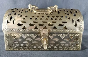 Brass Cricket Box Jewelry Trinket w Handle Filagree Cutout Hearts 8x5 Large VTG - Picture 1 of 11