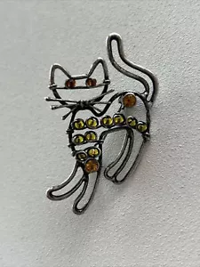 lia sophia Cat Brooch Beaded Eyes/ Body antique silver 2 inch green brown amber - Picture 1 of 3