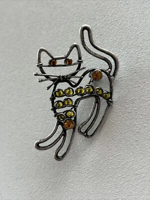 Broche de gato lia sophia ojos con cuentas/cuerpo plata antigua 2 pulgadas verde marrón ámbar Foto 1 de 3