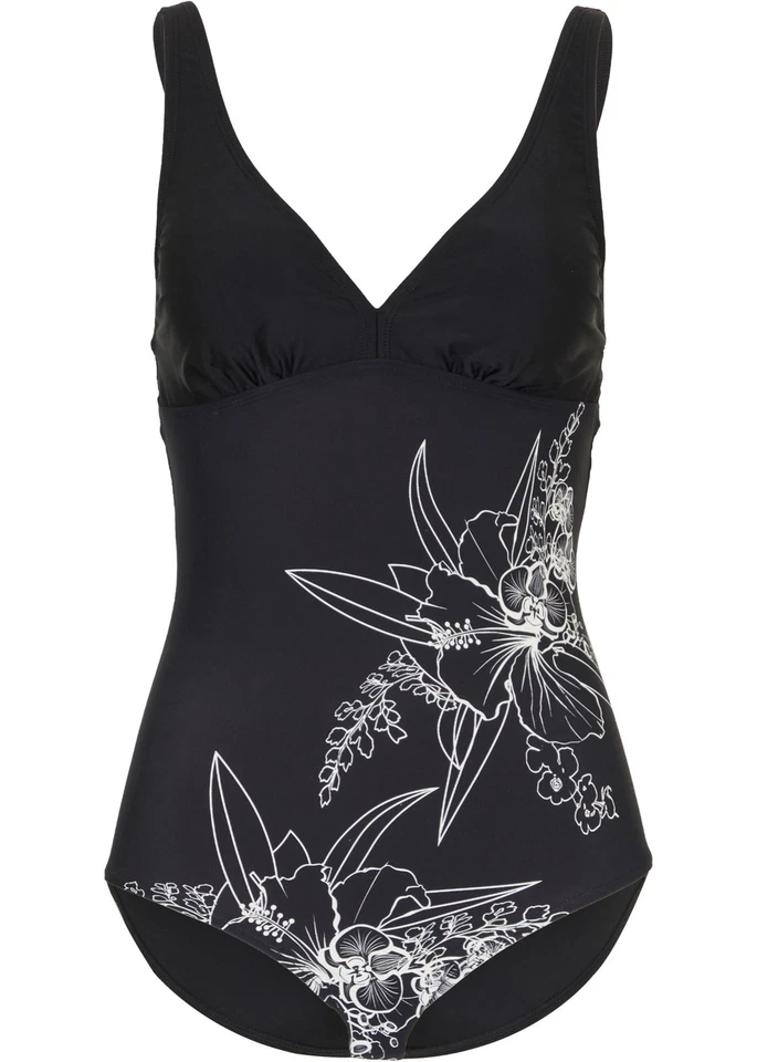 Neu Badeanzug Langgröße Gr. 44 Schwarz Weiß Geblümt Damen Bade-Anzug Einteiler - Bild 1 von 1