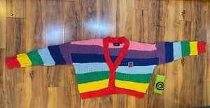AUTHENTIC Lazy Oaf SMALL Boring Rainbow Color knit Sweater Cardigan Real - Picture 1 of 12