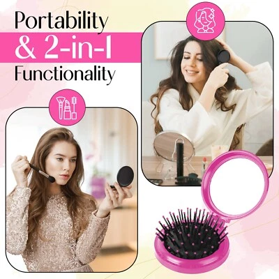 GLAMZA 2-in-1 Faltbare Haarbürste & Spiegel - Kompakter Reise-Entwirrer für reibungsloses Styling