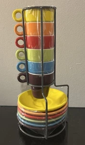 Pier 1 Imports Stacking Espresso Cups, Set of 6 Cups and Saucers with Stand - Picture 1 of 3
