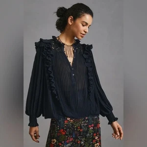 Anthropologie Pleated Ruffled Blouse Semi Sheer Black Wednesday Medium NWOT - Picture 1 of 9