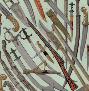 ASIAN SWORDS & DAGGERS – Persian Turkish Indian Blades – 1876 Antique Print - Picture 1 of 2