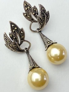 Sterling Silver, Marcasite & Pearl Art Nouveau Earrings - 7.25g - Picture 1 of 9