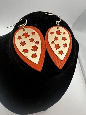 Women Teardrop Faux Leather Dangle Earrings Orange Lightweight Jewelry Fall Leaf - Image 1 of 4
