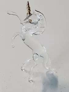 Clear Art Glass Standing Unicorn Figurine With Gold Accents 2"w x 5" tall - Picture 1 of 9