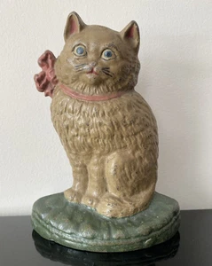 RARE ANTIQUE HUBLEY # 18 CAST IRON CAT RIBBON BOW DOORSTOP SITTING ART STATUE 8" - Picture 1 of 24