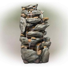 Alpine Corporation 8-Tier Rock Waterfall Fountain 50" Polyresin, LED Lights Grey