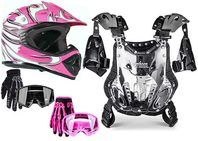 Youth Kids Chest Protector Helmet Pink DOT Motocross ATV Combo Gloves Goggles - Imagem 1 de 4