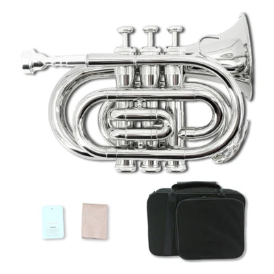 Sliver Bb Pocket Trumpet Brass Lacquer Trumpet 7C Mouthpiece, Hard Case,Strap - Image 1 of 4