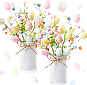 2 Set Easter Table Centerpiece Decor Artificial Easter Egg Picks with Metal Vase - Picture 1 of 12