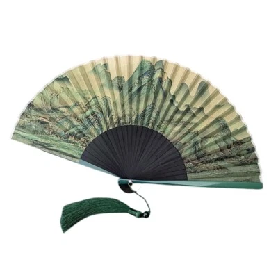 Ventilador Plegable de Bambú Chino 8.7 Pulgadas Portátil Vintage Pintura de Paisaje Verde Foto 1 de 4