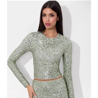 Top corto de lentejuelas verde mar manga larga ALICE + OLIVIA Delaina talla grande Foto 1 de 4