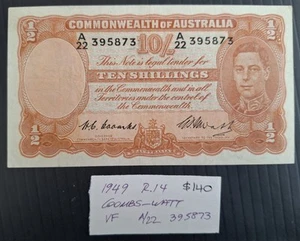 1949 Australia 10/- Coombs Watt Banknote Renniks R 14 VF+ - Picture 1 of 3