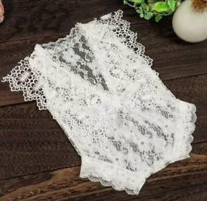 Newborn Girl Ivory Lace Romper Bodysuit One Piece - Picture 1 of 2