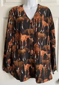 Vtg Mad About Scrubs Button Long Sleeve Jacket Top Horses Print Womens Size M/L - Picture 1 of 8