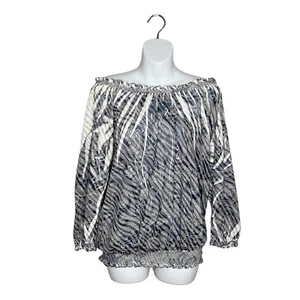 Blusa Chico’s Fuera del Hombro Sublimación Paisley Dobladillo Calado Talla Pequeña Azul - Imagen 1 de 11