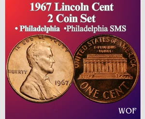 1967 LINCOLN CENT 2 COIN SET NEW MINT BU & SMS  RED * - Picture 1 of 3