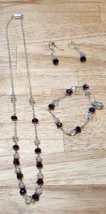VINTAGE Purple CRYSTAL /PURPLE/CLEAR BEADED LONG NECKLACE, BRACELET, EARRING SET - Picture 1 of 14