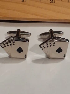 NEW Deck Of Playing Cards Cufflinks Ace Of Spades Silver Tone Mens USA FAST SHIP - Picture 1 of 4