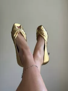 Vintage retro leather lace up heels gold shoes pinup 60s EU 36 UK 3 US 5.5 - Picture 1 of 24