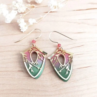 Adajio Earrings Coral and Green Birdhouse Drop with Shiny Gold Plated Leaves - Image 1 of 4