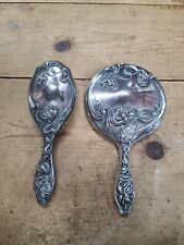 Antique Victor Silver Co. Vanity Hand Mirror & Brush Art Nouveau Silverplate
