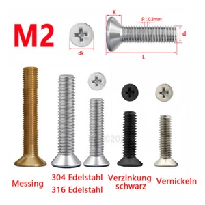 A2/A4/201 Edelstahl M2 Schrauben Senkkopf Maschinenschrauben Kreuzschlitz  - Picture 1 of 5