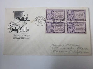 US COVER 1952 GUTENBERG BIBLE FDC SCOTT 1014 X 4 HOUSE OF FARNAM CACHET - Picture 1 of 3