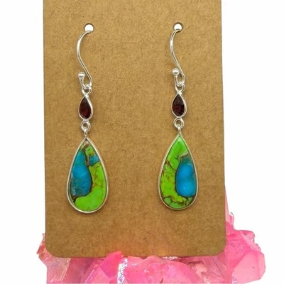 Kingman Green Turquoise Garnet Earrings Solid 925 Sterling Silver - Image 1 of 4