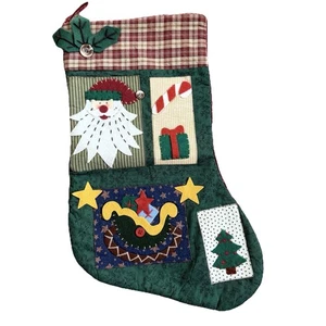 Quilted Santa Christmas Stocking Embroidered Rustic Granny Farmhouse Cottage - Picture 1 of 10