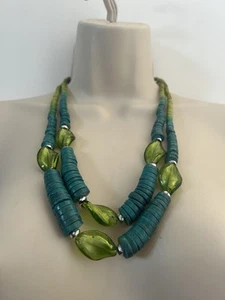 Layered Double Strand Blue Green Wooden & Glass Beaded Necklace Bohemian - Picture 1 of 14