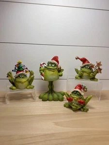 Toadily Yours Christmas Frogs Toads Set 4 Santa Hats Joy Hoho Kiss Me Bobble VTG - Picture 1 of 16