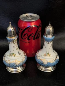 Antique Ornate Porcelain China Salt And Pepper Shakers Sterling Silver Lid Base - Picture 1 of 8