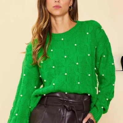 Женские небо синий зеленый кабель трикотажа жемчуг ворота свитер XS - Изображение 1 из 4