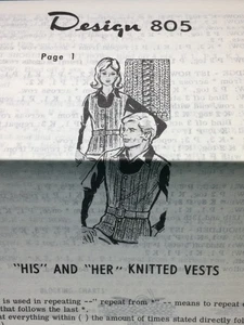 Vtg Mail Order Design 805 KNITTED HIS & HER VESTS Pattern Original - Picture 1 of 2