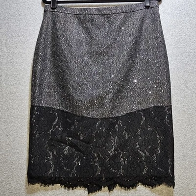 Saia J Crew Feminina Tamanho 12 The Perfect Party Preta Renda Lantejoula Tweed Espinha de Arenque - Imagem 1 de 4