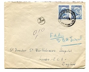 Argentina 1952 20c x2 on underpaid cover to UK, “T” Postage Due & pencil “0.10" - Imagen 1 de 2