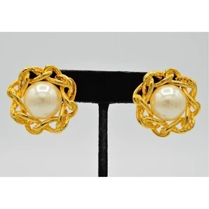 Givenchy Vintage Pearl Earrings Gold Chain Caged Chunky Signed Chunky 1980s 9G - Picture 1 of 9