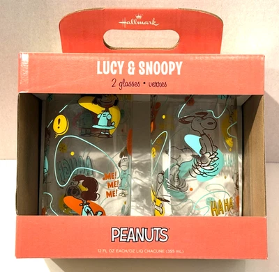 NEW Hallmark Peanuts Drinking Glasses Cups 2 12 oz Set Lucy & Snoopy Retro Style - Image 1 of 4