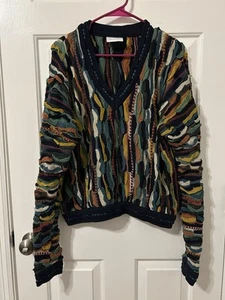 Vintage COOGI 3D Knit 1990s Rare multicolor Navy Sz S 100% Cotton V-neck - Picture 1 of 7
