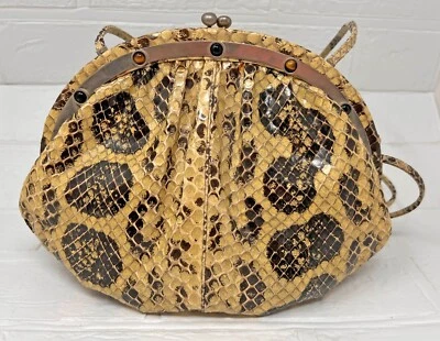 Judith Leiber Reptile Clutch Handbag Silver Metal Frame Tiger Eye Cabochons - Image 1 of 4