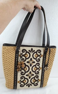 Brighton Woven Straw Bag Embroidered Flowers Leather Trim Handles Charms - Picture 1 of 12