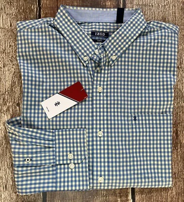 IZOD SLIM FIT LONG SLEEVE CHECK SHIRT BLUE YELLOW MENS XL NEW WITH TAGS - Image 1 of 4