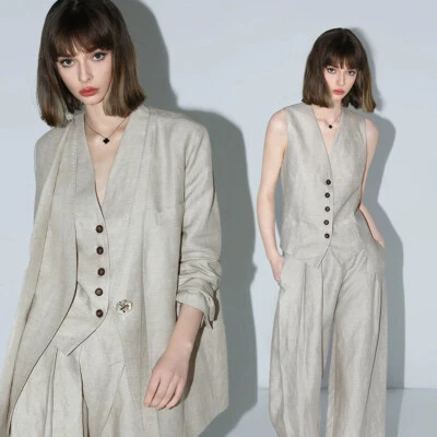 Mujer Traje Chaqueta Chaleco Informal Pantalones Lino Cuello Soporte Camisa a Rayas Damas OL Foto 1 de 4